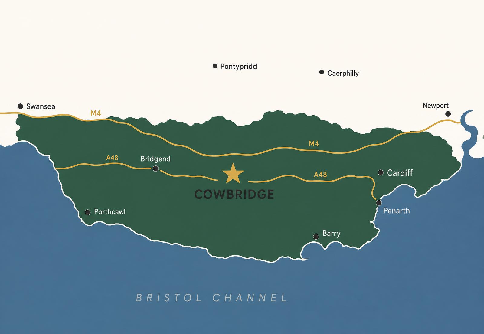 Illustrated map of South Wales centred on Cowbridge, showing Cardiff, Penarth, Barry, Bridgend, Porthcawl, Caerphilly, Pontypridd, Newport and Swansea.